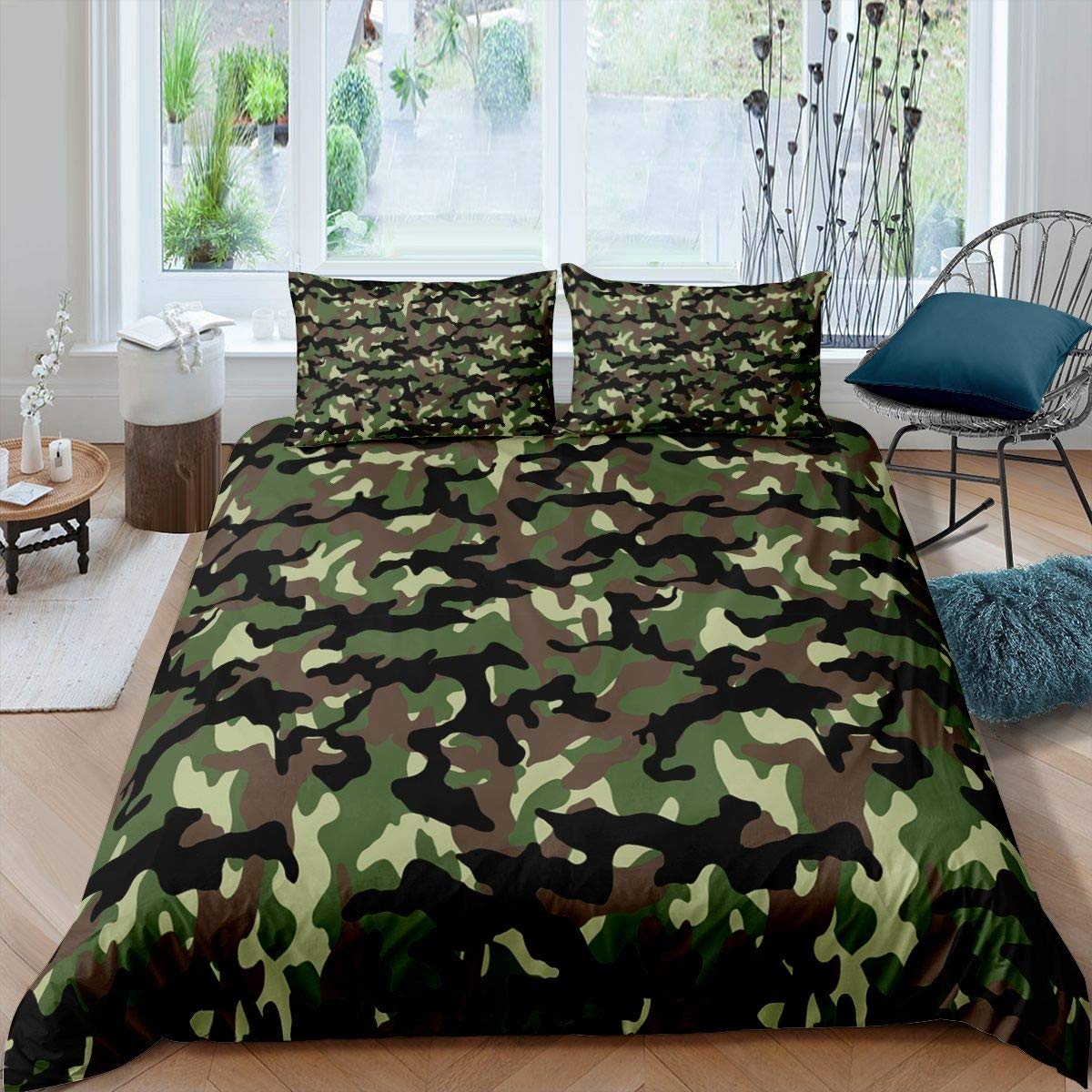 Camouflage Duvet Cover Set for Kids Force Hidden ArmyGreen Comforter Cover for Boys Girls Teens Decorative 3 Piece Double Size Cool Style Bedding Set(1 Quilt Cover+ 2 Pillowcases),Zipper