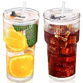 MdakeGo 20oz Glass Tumblers with Lid and Straw, Ribbed Glass Iced Coffee Cup with Lid, Wide Mouth Thickened Vintage Glass Cup, Drinking Glasses Tumbler for Smoothieds, Cocktails, and Juices, 2 Pack