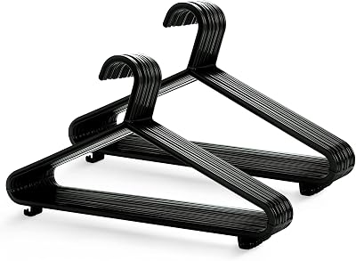 KEPLIN 25 Pack Adult Plastic Coat Hangers, 37.5 cm, Black Gloss with Bar & Clips