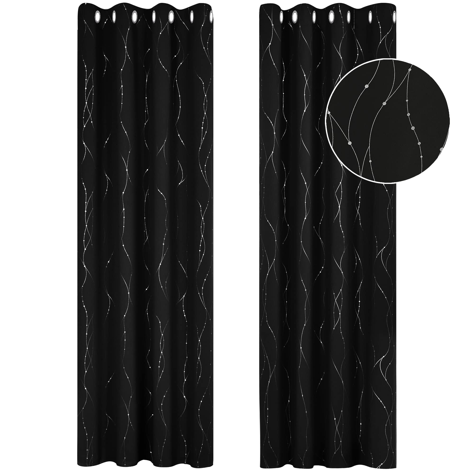 Deconovo Dot Line Foil Printed Blackout Curtains Thermal Insulated Super Soft Energy Saving Eyelet Curtains for Living Room 52 x 84 Inch Black 1 Pair