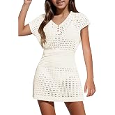 Haloumoning Girls Crochet Swim Beach Cover Up Button Swimsuit Cover ups | Kids Fashion,Short Sleeve, V-neck,Hollow-out,Bathing Suit,Swimsuit Coverup,Beach, Pool, Vacation