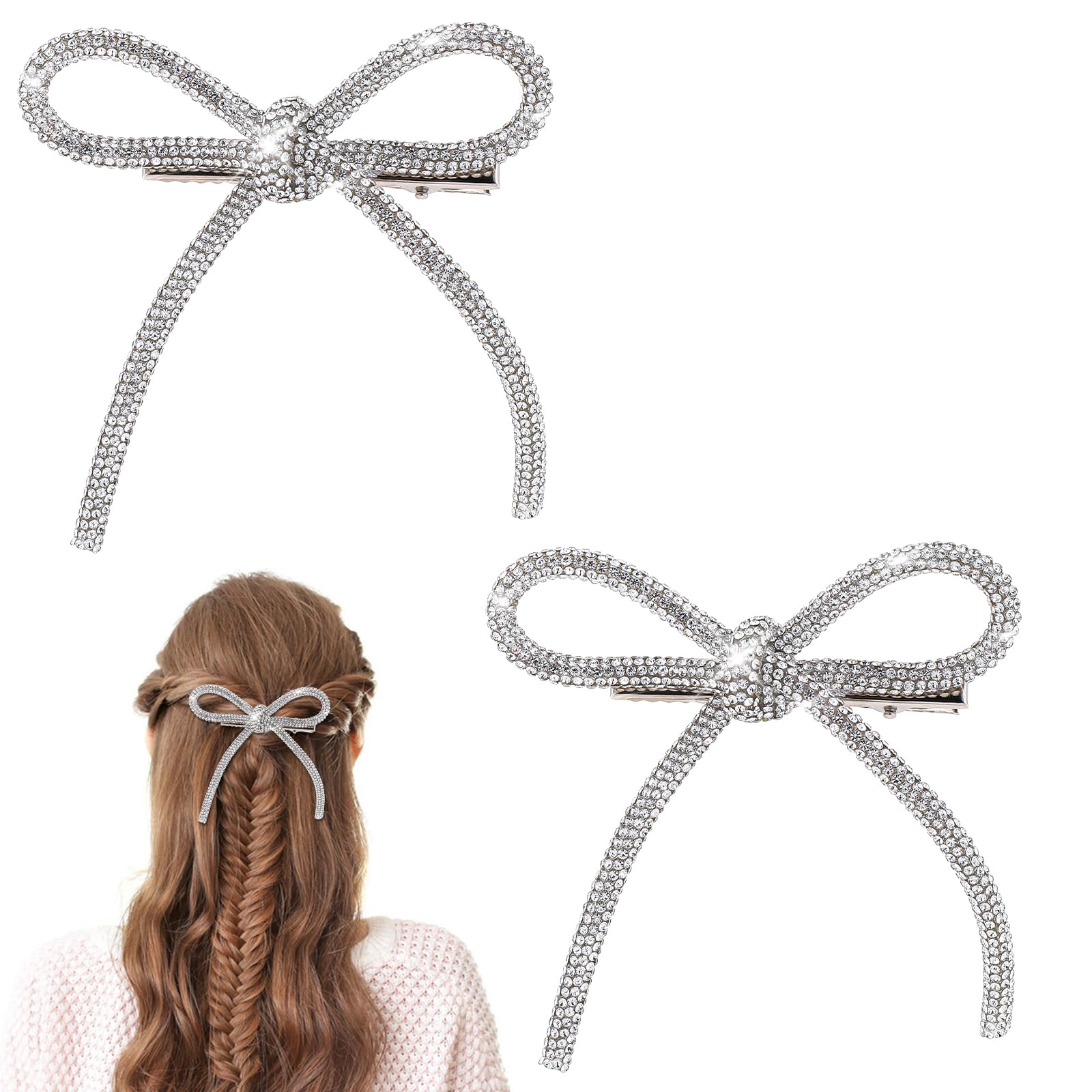 Photo 1 of 2 Pcs Bow Hair Clips Rhinestone Hair Accessories Silver Hair Bows for Women Crystal Prom Hair Decoration Non-Slip Jeweled Bowknot Clips Duckbill Hair Barrettes for Girls Thick Long Short Hair