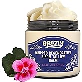 Grazly Whipped Bison Tallow Balm w/Manuka Honey, Jojoba, Rose Geranium Oil - Grass-Fed & Finished Organic Tallow Face Moisturizer - Face & Body Cream for Acne-Prone Skin - Nourishing Skincare (2.5oz)