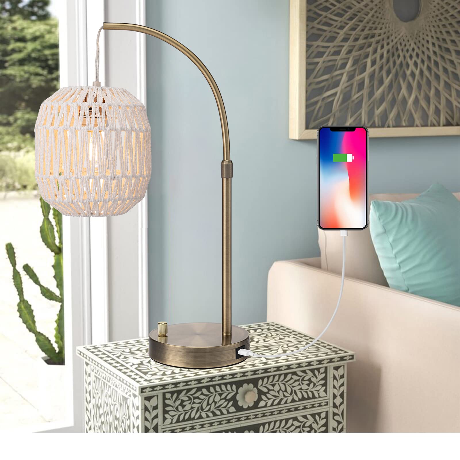 Photo 1 of *NO BULB INCLUDED* Sainsbarry Tall Industrial Gold Rattan Table Bedside Lamp for Bedroom with USB Charge Port, Boho Woven Nightstand Lamp Home Office Couch Side Living Room Decoration Desk Lamp Gold & White