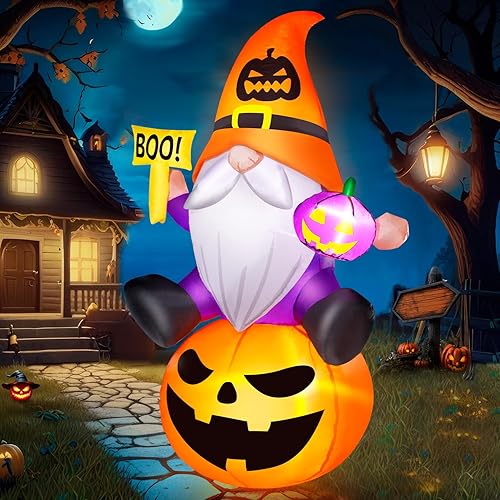 zukakii 5FT Halloween Inflatables Gnome with Pumpkin Halloween Decoration Outdoor Built-in Brilliant LED Lights, Blow Up Yard Decorations Outdoor Indoor Garden Party Lawn