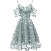 IWEMEK Women Spaghetti Strap Floral Lace Bridesmaid Cocktail Party Dress Cold Shoulder Ruffle Sleeve Wedding Guest Prom Dress