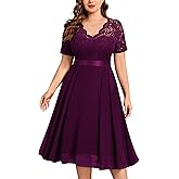 MISSMAY Women's Plus Size Lace Contrast Chiffon V Neck Flowy Cocktail Wedding Guest Midi Dress