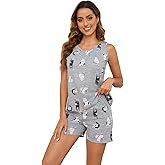 CHUNG Women's Cute Cotton Pajama Set Cartoon Tank Tee Shorts Sleepwear Summer Plus Size Stripe Shoties