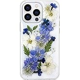 Abbery for iPhone 13 Pro Pressed Flower Case, Cute Clear with Design Soft Silicone Rubber Dried Real Flowers Floral Aesthetic Women Girls Protective Cover for iPhone 13Pro 6.1"(Navy Flower)