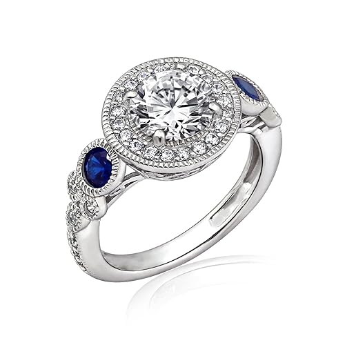 Amazon Essentials Platinum-Plated Sterling Silver Infinite Elements Cubic Zirconia Antique Round-Cut and Created Sapphire Ring size 5, (previously Amazon Collection)