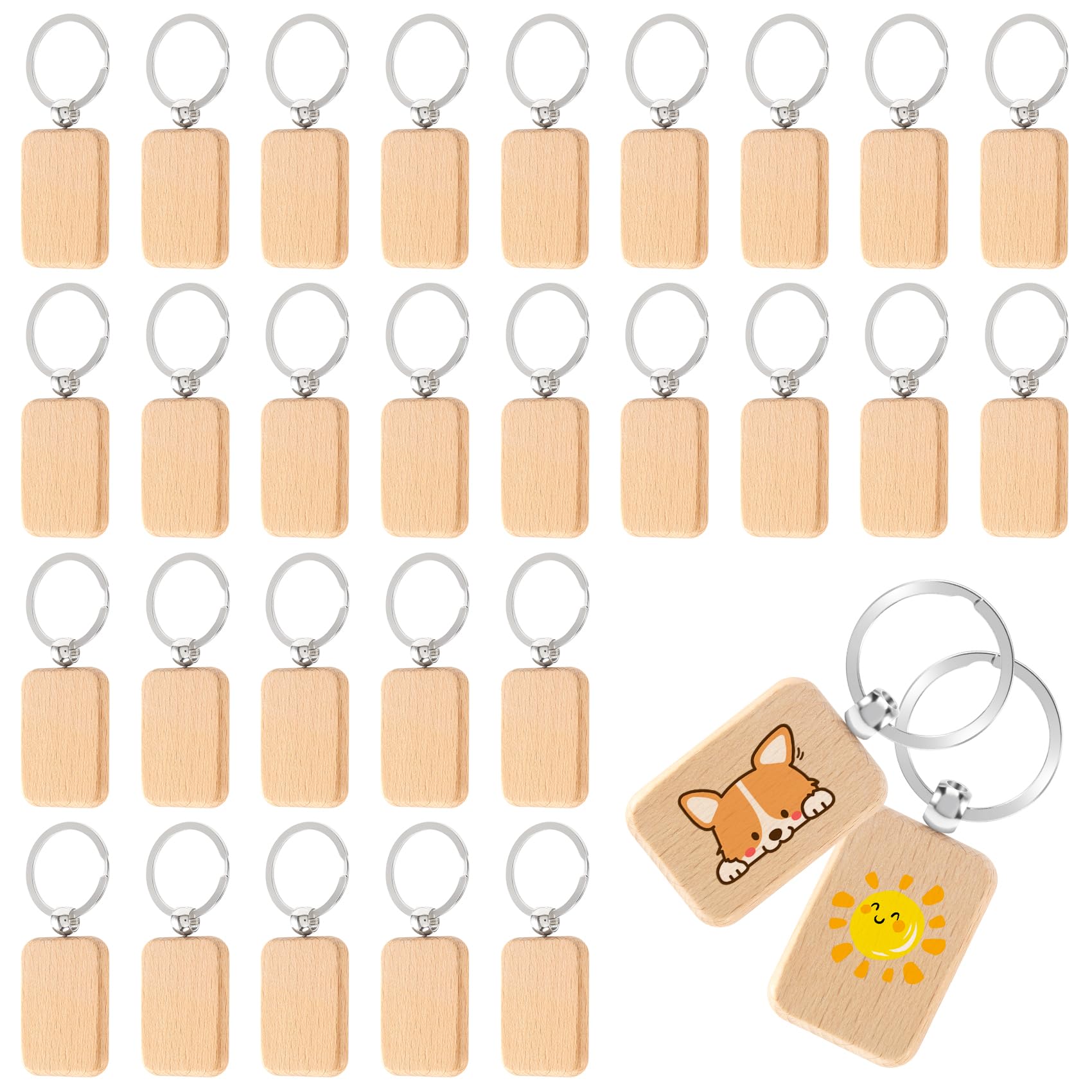 Ksrnsne 30pcs Keyring Blanks Wooden Key Chain Rectangle Key Tags with Split Ring for DIY Crafting Gift