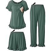 SUNNYBUY 3Pcs Ruffle Trim Postpartum Nursing Pajamas Set with Bowknot, Maternity Breastfeeding PJS Pregnancy Sleepwear