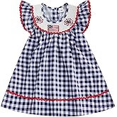 Doqcey Toddler Baby Girl 4th of July Clothes USA Flag Embroidery Smocked Dress Flutter Sleeve Princess Dresses Summer Outfit