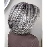 RENERSHOW Short Grey Bob Wig with Curtain Bangs for White Women Chin Length Gray Highlight Wigs Synthetic Natural Look Salt N Pepper Wig