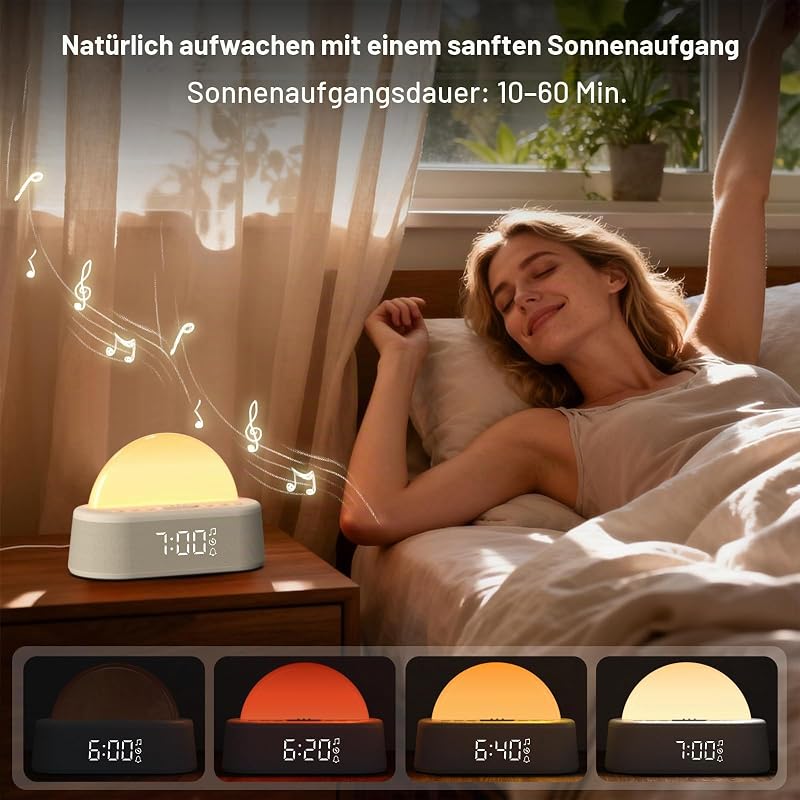 Tageslichtwecker, Lichtwecker Sonnenaufgang Wecker mit Licht, Wecker Digital mit Alarme und Snooze, White Noise Machine mit 30 Weißes Rauschen,Nachttischlampe mit 20 Helligkeit,8 Farblicht,Sleep Timer