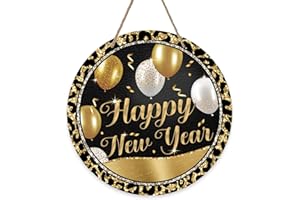 Bolisom Happy New Year 2026 Front Door Sign, Black Gold Balloon Glitter Wood Hanger Outdoor Outside Porch Home Decor, Christm