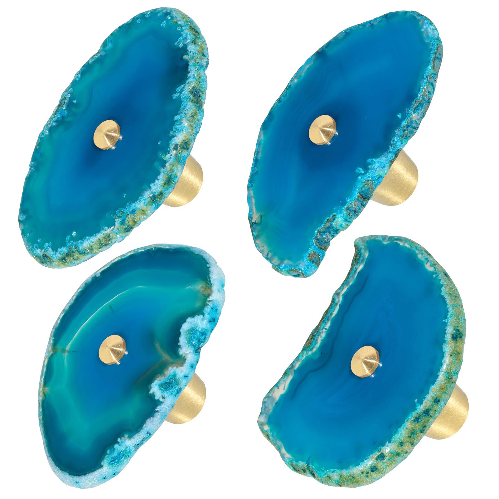 Mookaitedecor Set of 4 Blue Agate Crystal Drawer Knobs with Screws, Irregular Blue Crystal Stone Handles Pulls for Cupboard Cabinet Wardrobe Kitchen Unique Decorative Furniture Brass Knobs