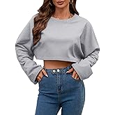 LovelyWholesale Women Long Sleeve Cropped Sweatshirt Oversized Crew Neck Workout Tops Grey N Large