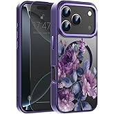 Goodon for iPhone 17 Pro Case with Privacy Screen Protector, Compatible with Magsafe, Shockproof Translucent Matte Cover - Cute Floral Design Phone Case for Women and Girls - Purple Blossoms