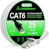 Cat 6 Ethernet Cable 25 ft White, Flat Cat6 Internet Network Cable, High Speed 10Gbps Computer Cord with 15 Clips & 4 Straps,