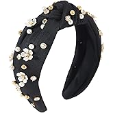 Gmmidea Flower Knotted Headbands for Women Sparkly Beaded Crystal Floral Headband Wide Top Knot Fancy Embellished Hairband Fashion Girls Summer Holiday Hair Accessories C-Black