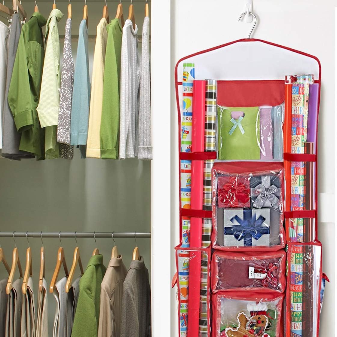 ProPik Hanging Double Sided Wrapping Paper Storage Organizer With Multiple Pockets Organize Your Gift Wrap, Gift Bags Bows Ribbons 40"X17" Fits 40 Inch Rolls Clear PVC Bag (Red): Home & Kitchen