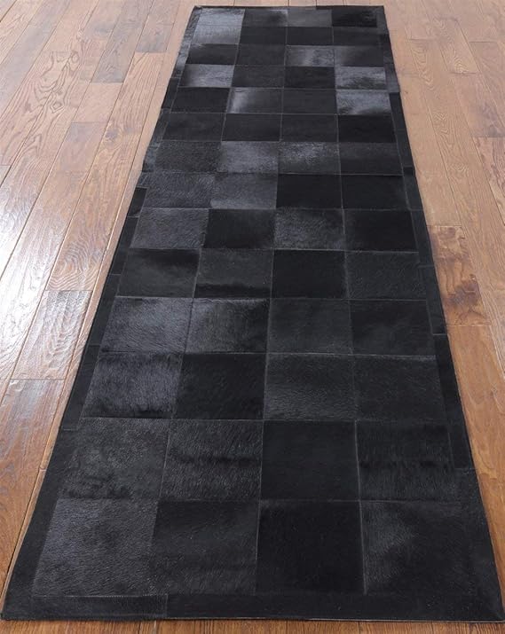 Black Cowhide Runner Cowhide Patchwork Leather Rug Cow Skin Runner 1.4