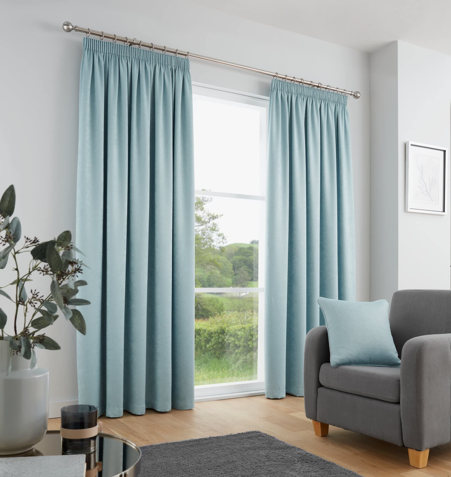 Fusion Sorbonne Duck Egg Pencil Pleat Curtains – W66 x L72 (168 x 183cm) – 2 Panels – 100% Cotton – Thermal & Soundproof Drapes for Bedroom & Living Room – Soft Blue Pleated Curtains