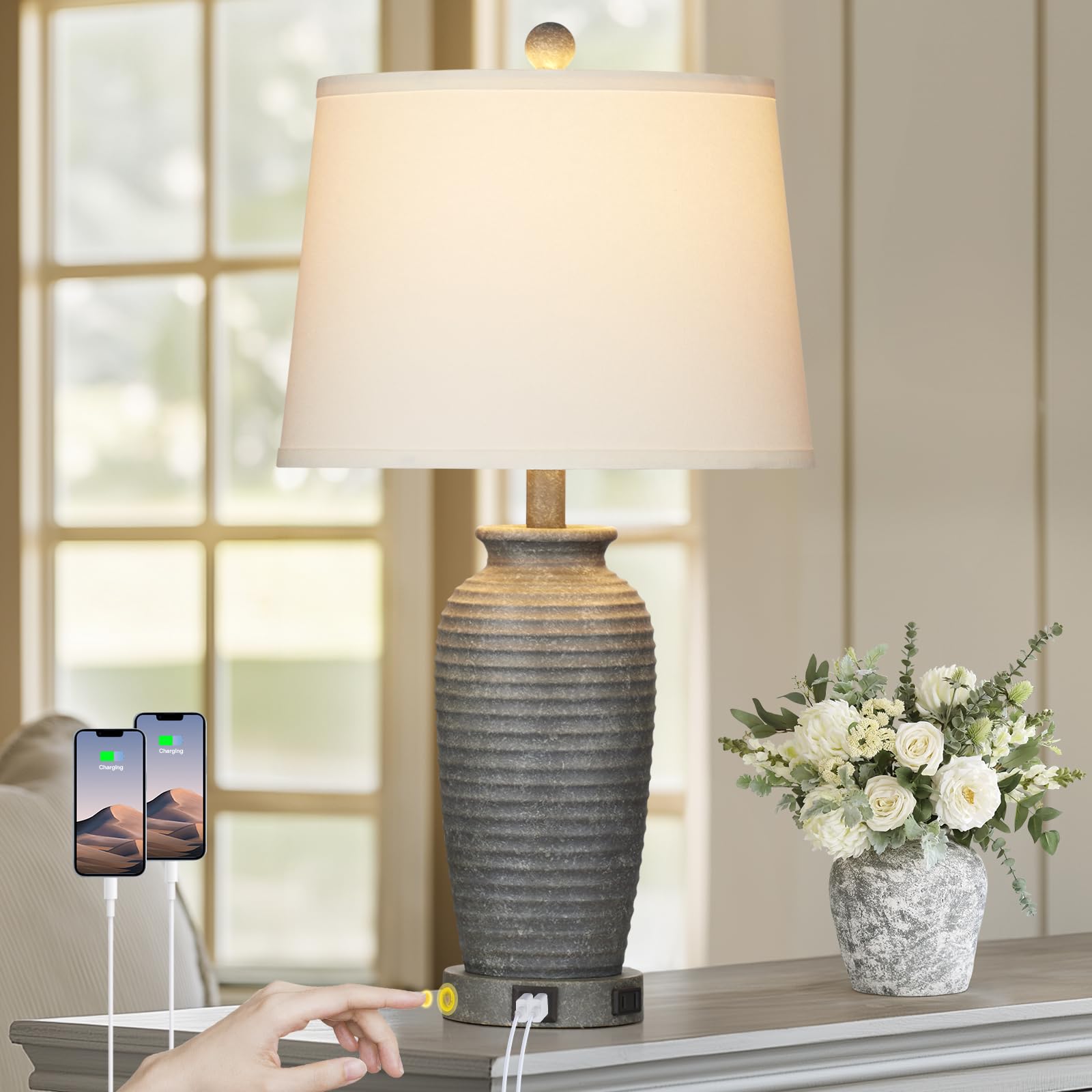 Photo 1 of 25" Farmhouse Jar Table Lamps, 3 Way Touch Control Rustic Bedside Lamps with USB A+C Ports & AC Outlet, Pot Nightstand Lamps for Bedroom Living Room (LED Bulbs Included)