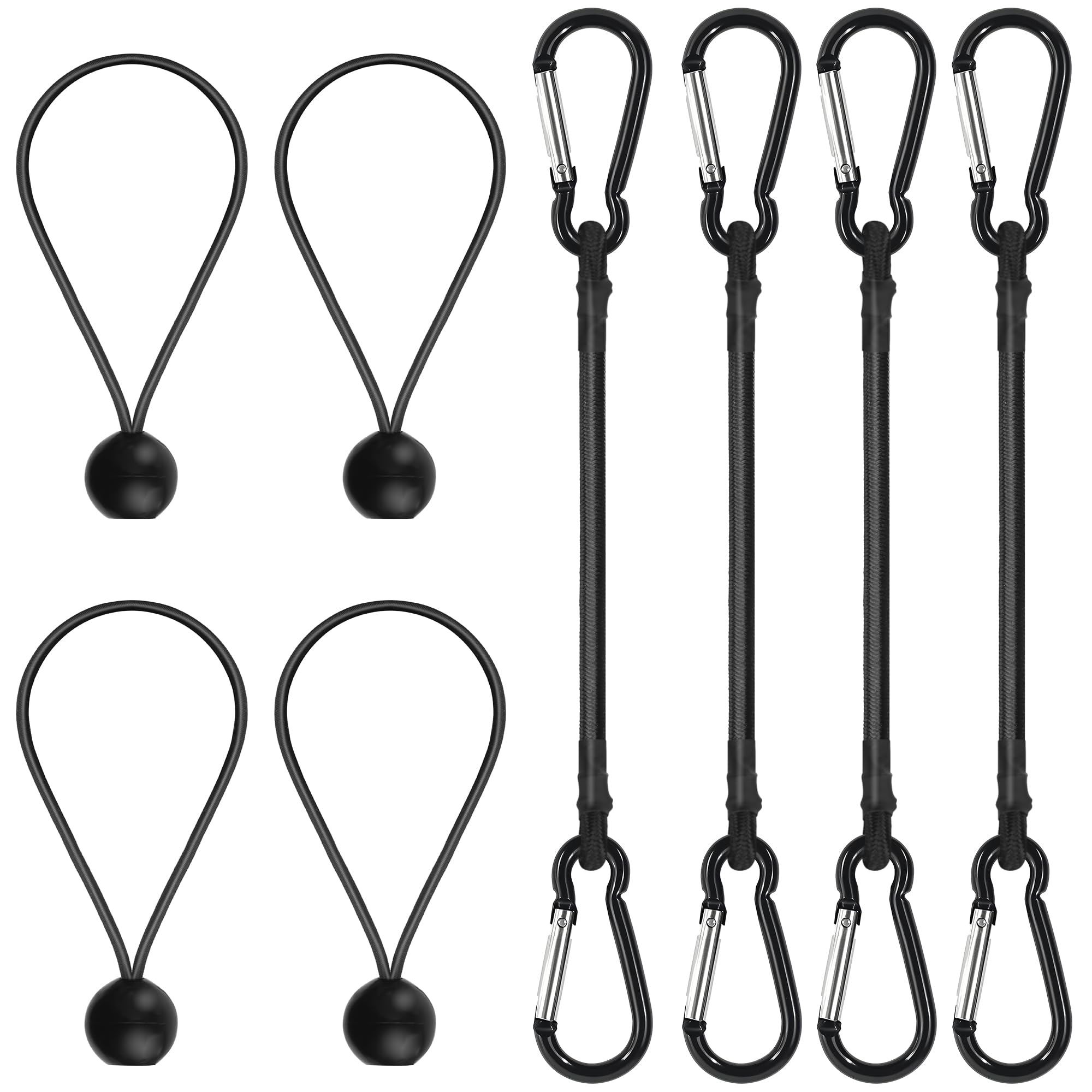 Photo 1 of Bungee Cords with Hooks – 12 Inch Elastic Tie Down Straps with Carabiner, 4 Ball Bungee Cords 8 Inch, Max Load 78 lbs for Car Trunk, Camping Gear, Bike Cargo, Garage Tools & Outdoor Storage– Black