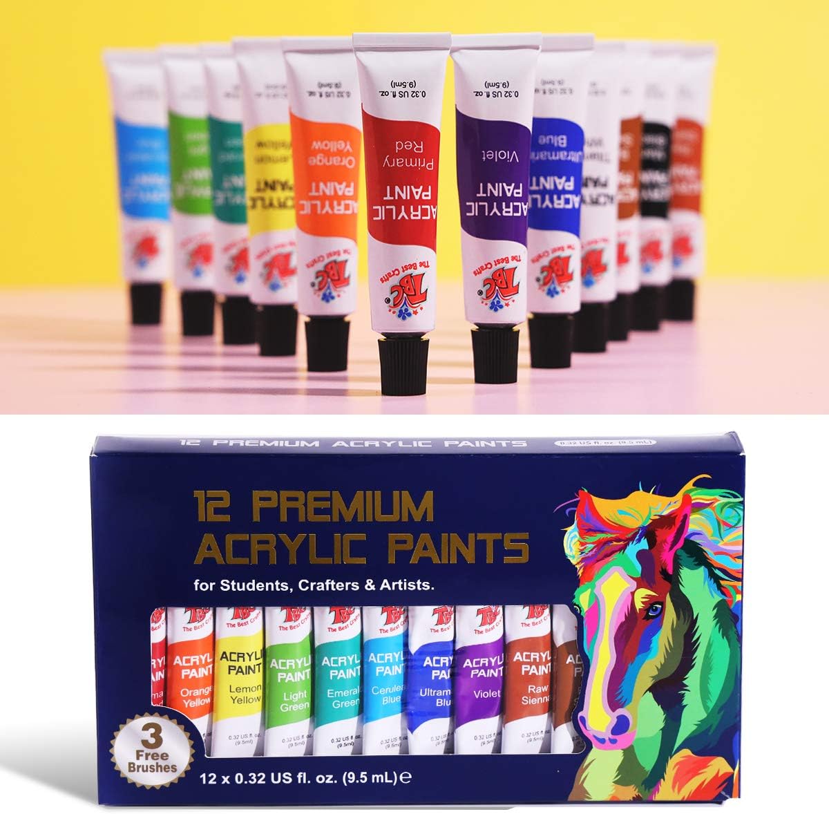 TAEWU Art Supplies Acrylic Paint Set with 3 Brushes, Set of 12 Colors, (9.5ml, 0.32oz) Perfect for Masks, Woods, vases, Stones, Wall Painting