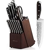 Mealia Kitchen Knife Set with Block, 15-Piece Professional Stainless Steel Sharp Knives Set for Kitchen with Built-in Sharpener, Ergonomic Wooden Handle, Full Tang Forged Triple Rivet, Boxed Knife Set
