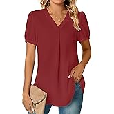 LYANER Women's Summer Dressy Chiffon Blouses V Neck Short Sleeve Tunic Tops for Leggings Casual T-Shirts Wine Red Large