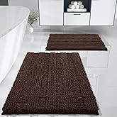 Yimobra Bathroom Rug Set 2 Piece, Soft Absorbent Chenille Bath Mat Set, Non Slip Machine Washable Quick Dry, Plush Shower Rugs for Bathroom Floor Sink Tub and Shower Outside, 32"x20"+24"x17", Brown