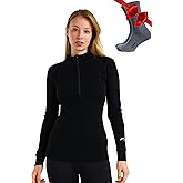Merino Wool Base Layer Women - 100% Merino Half Zip Sweater Women Lite, Midweight, Heavyweight Thermal Shirts and Socks