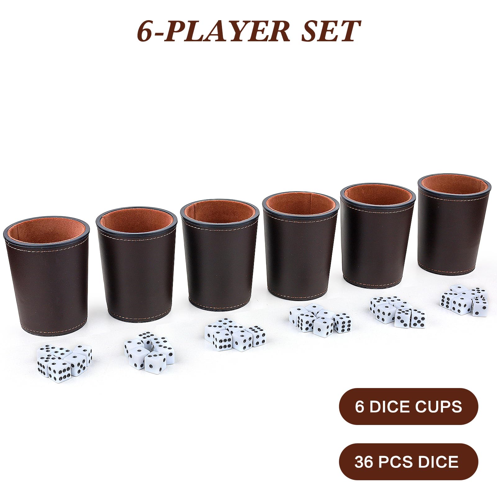 Felt-Lined PU Leather Dice Cup Set, 6 Quiet Dice Shaker Cups with 36 Dices for Bar Party Yahtzee Farkle Dice Games, Coffee