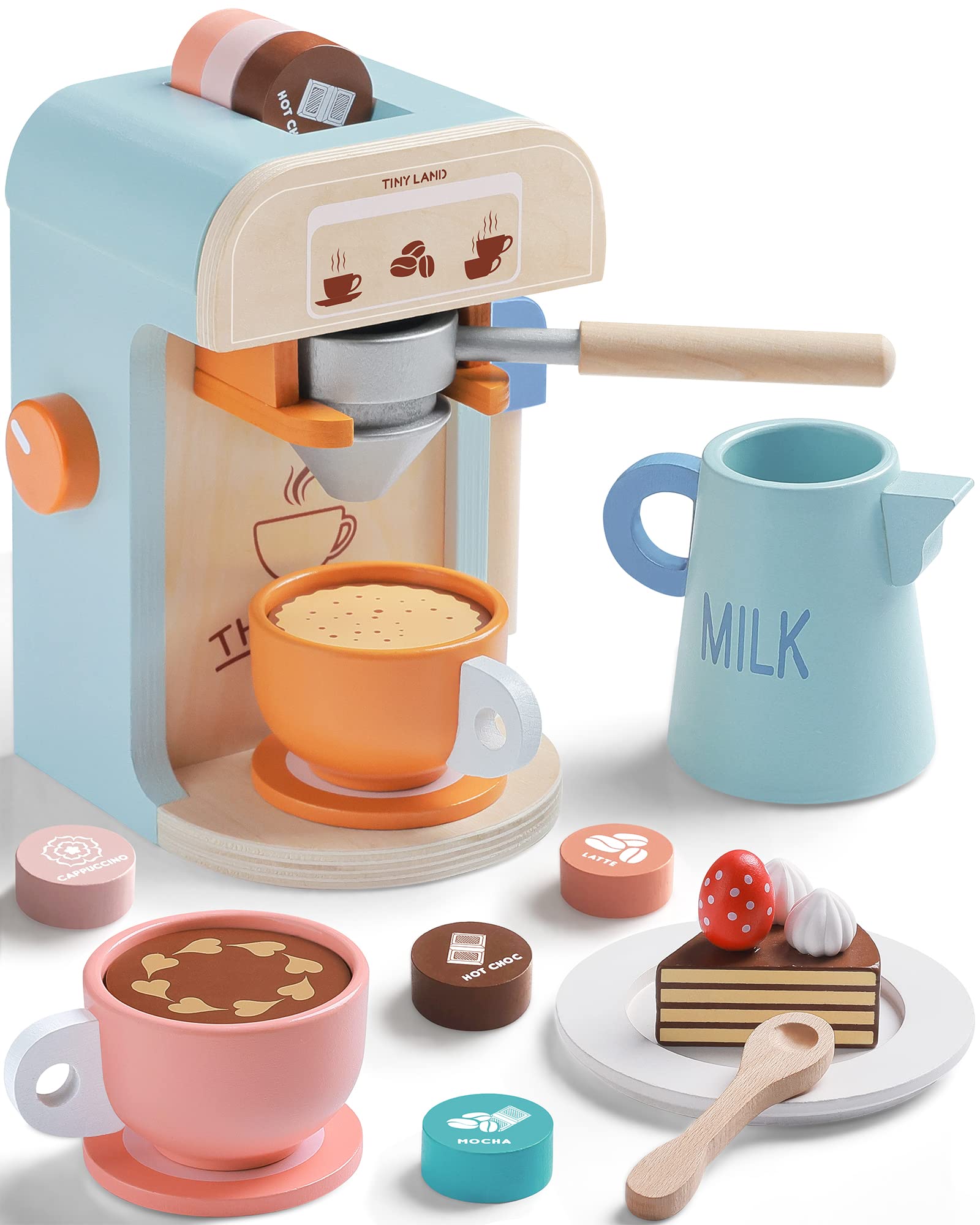 Photo 1 of Tiny Land Kids Coffee Maker Wooden Kitchen Toys - 17Pcs Toy Coffee Maker Playset - Wooden Play Toys, Play Kitchen Accessories for Girls & Boys