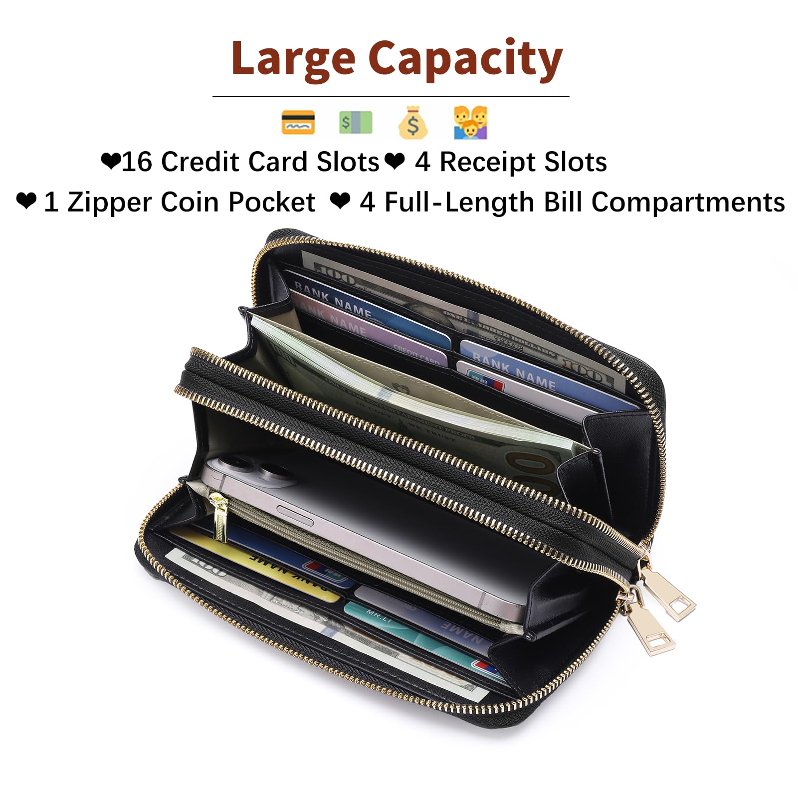 GOIACII Women's Wallet Large Capacity Double Zip Ladies Card Phone Holder RFID Blocking Wristlet Leather