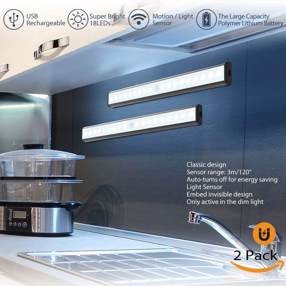 Under Cabinet Lighting, Motion Sensor Closet Light USB Rechargeable 18 LED Night Lights, Stick-on Anywhere Portable Light Bar for Closet Cabinet Counter Wardrobe Stairs Kicthen - - 