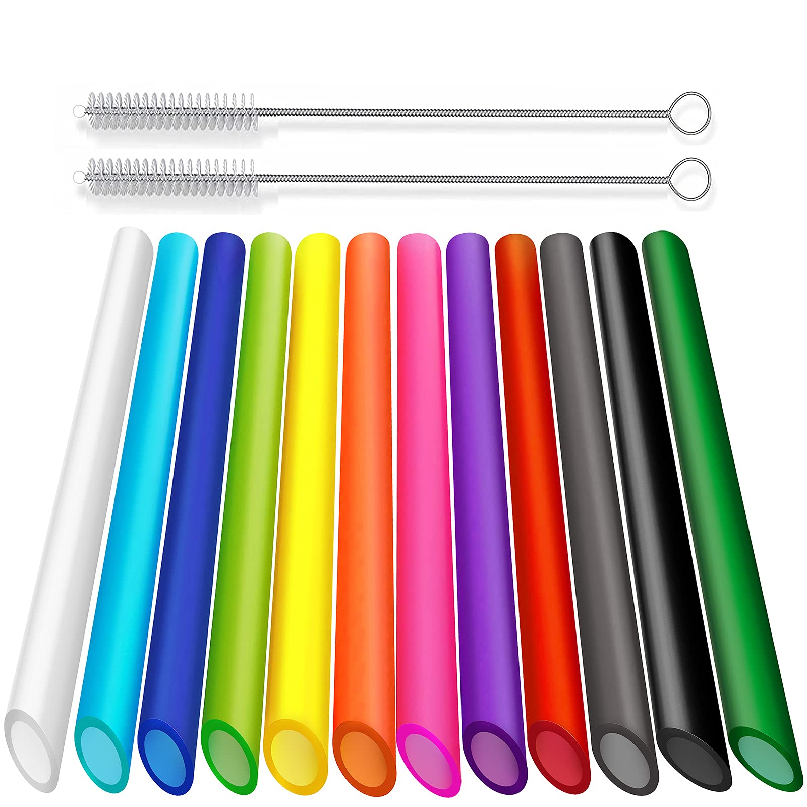 ALINK 12-Pack Reusable Boba Smoothie Straws, 13mm X 10.5 inch Extra Wide Bubble Tea Straws with 2 Cleaning Brush - Pointed Design