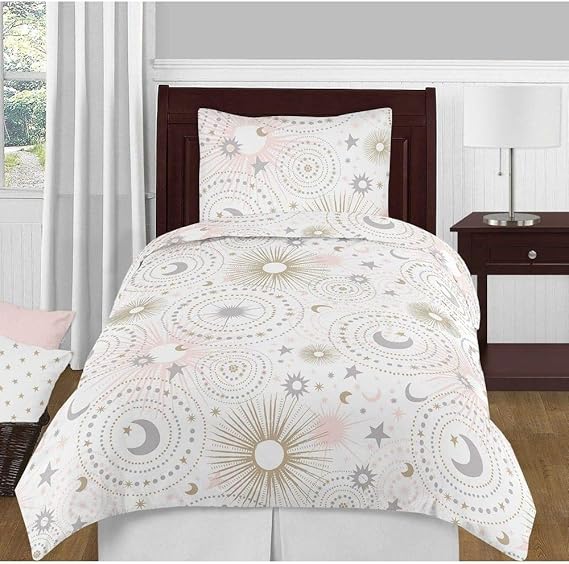 4 Piece Celestial Comforter Set Twin, Stars and Moons Outerspace Themed Print