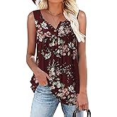 HAHIYOR Womens Tank Tops Summer Sleeveless Henley Shirts Flowy Pleated V-Neck Tunics Tee