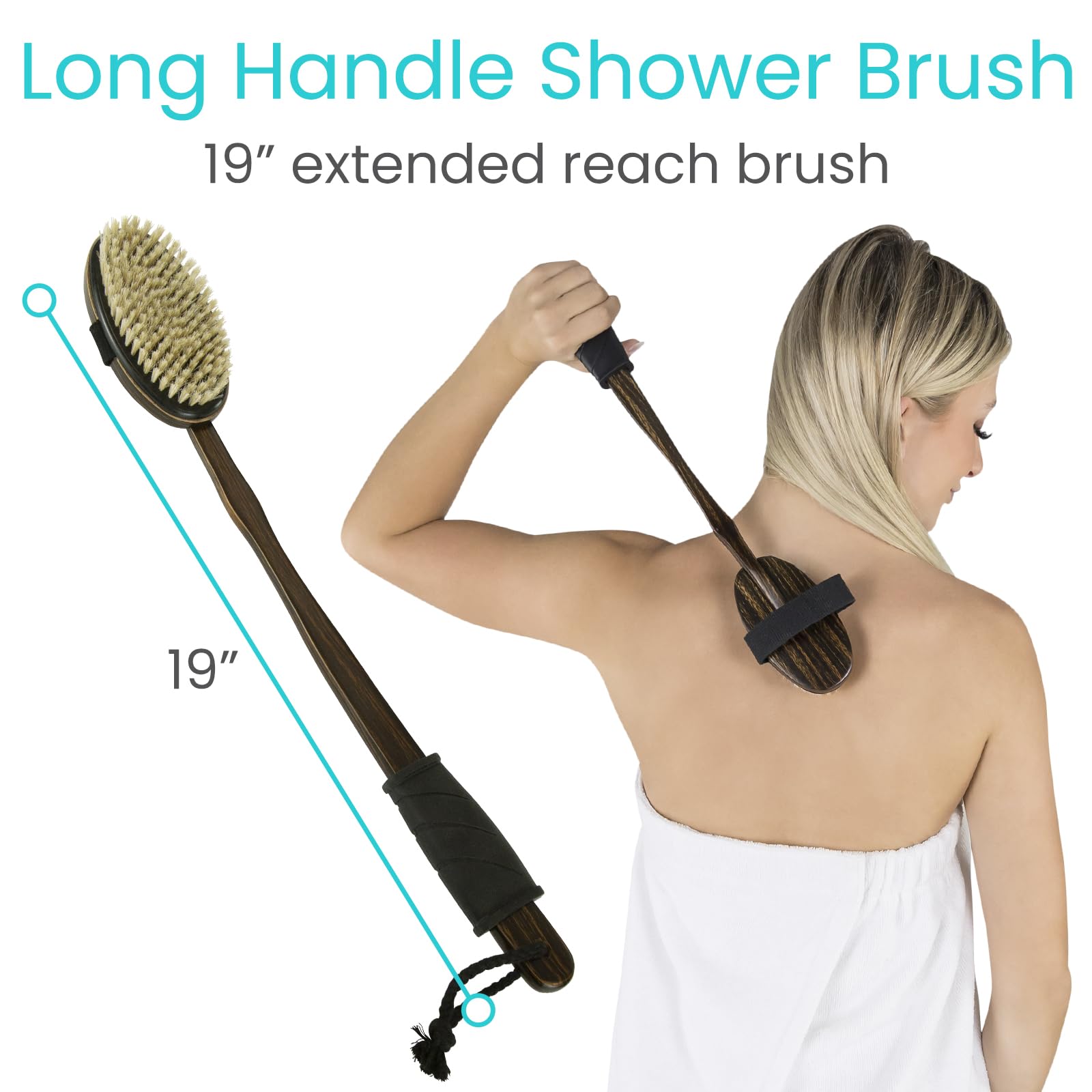 Vive Dry Brush Set for Lymphatic Drainage (3 Pieces) - Brushing Scrubber for Exfoliating, Body Cellulite and Skin Massage - 100% Natural Boar Hair Bristles, 14” Long Dark Wooden Handle w/Storage Bag