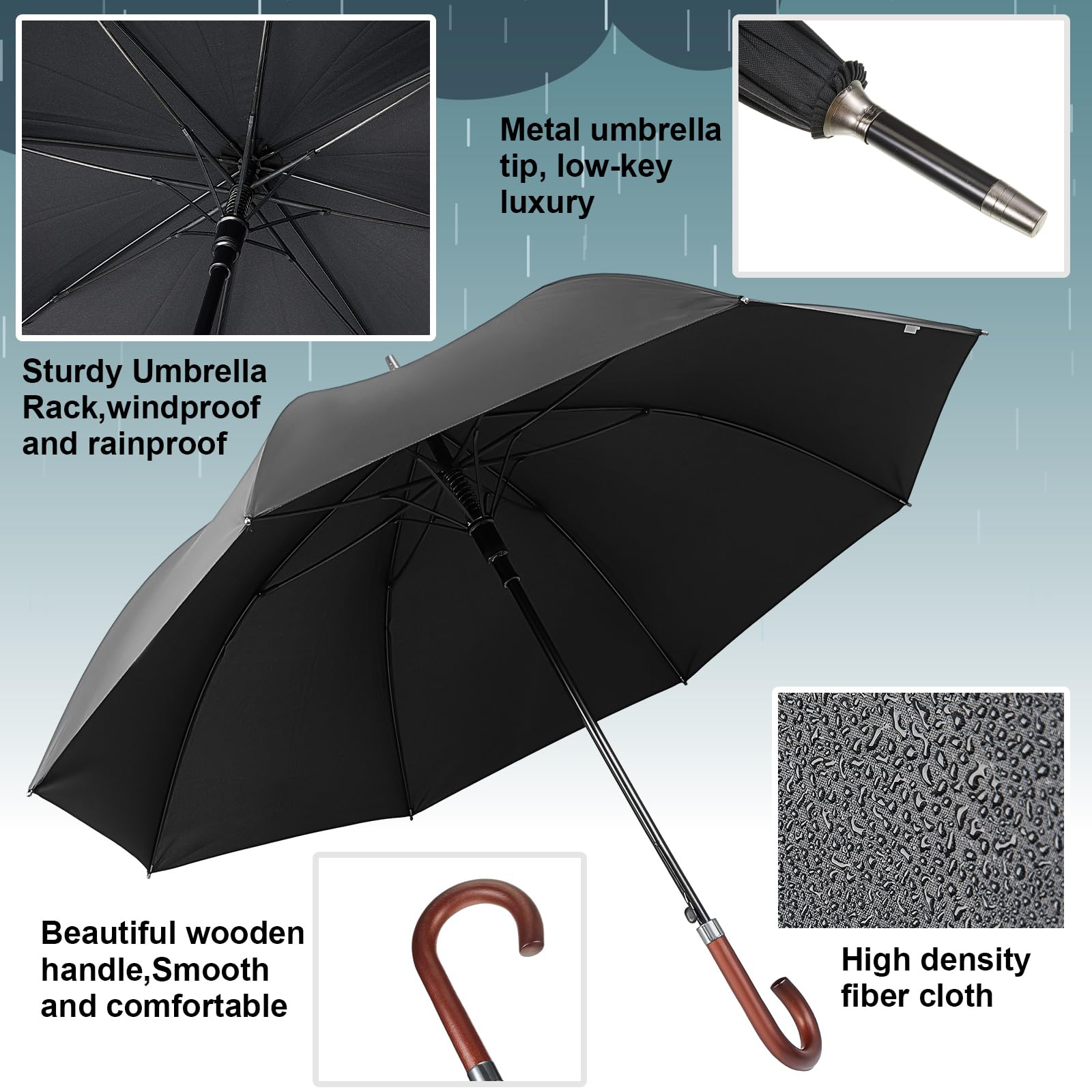 Silkfly 48 Inch Auto Open Umbrella Large Wooden J Stick Handle Vintage Windproof Travel Wedding Fast Drying Rain Umbrella