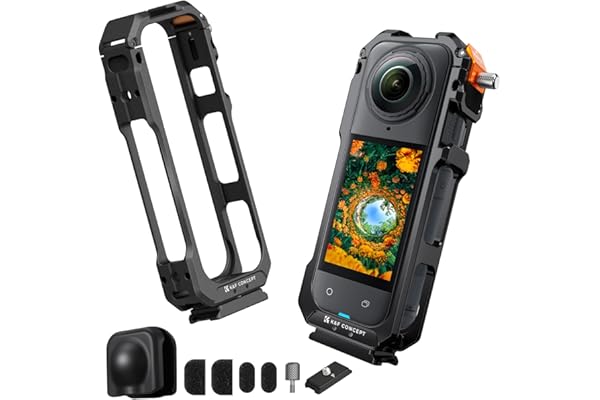 K&F CONCEPT Camera Cage with Silicone Lens Cover for Insta360 X5 | Aluminum Alloy Protective Case Frame with 2 Cold Shoe Mounts for Microphone and Led Video Light Built-in 1/4" Screw Hole CI01