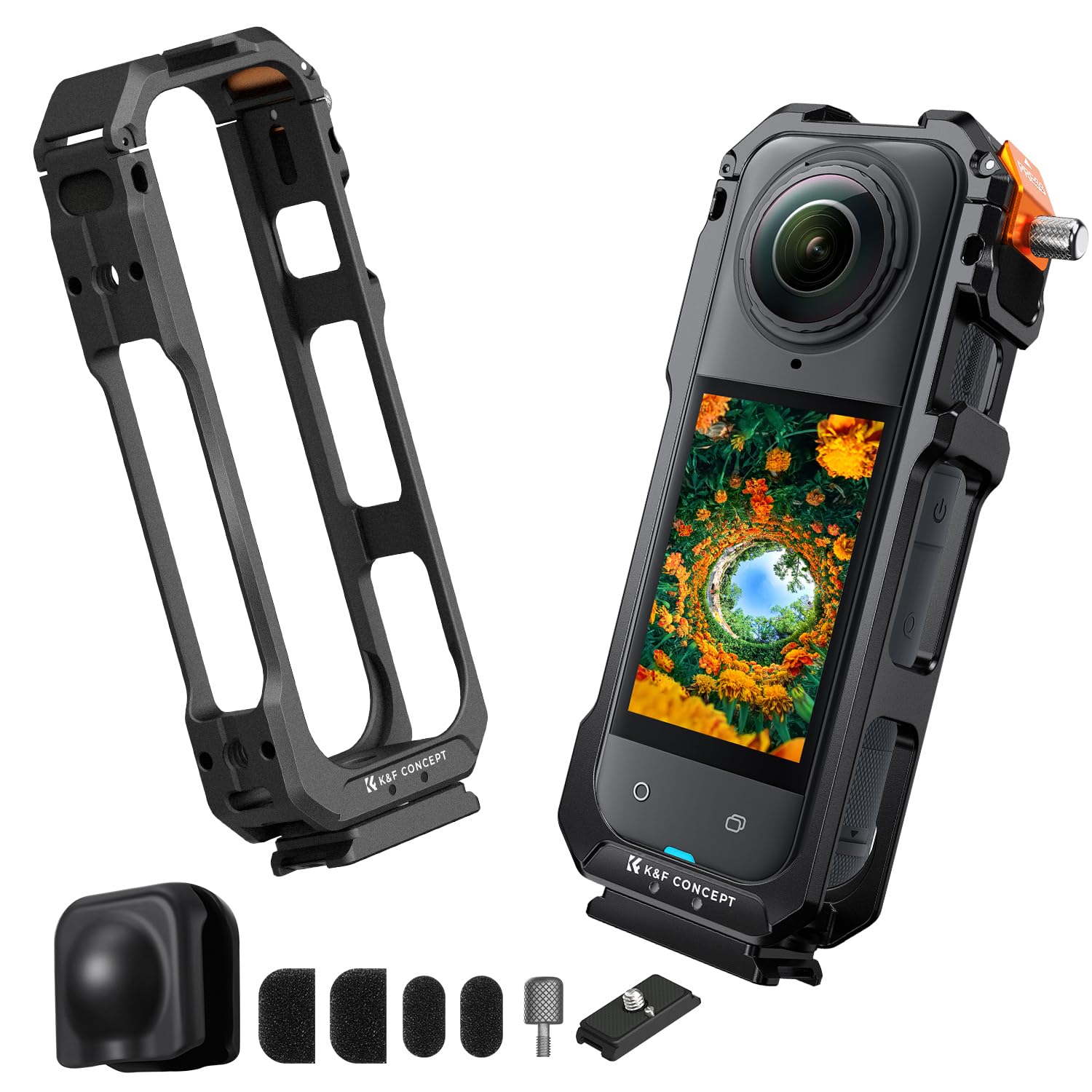 Photo 1 of K&F Concept Camera Cage for Insta360 X5, Aluminum Alloy Protective Case with Silicone Lens Cover, Frame with 2 Cold Shoe Mounts for Microphone and Led Video Light, Built-in 1/4" Screw Hole