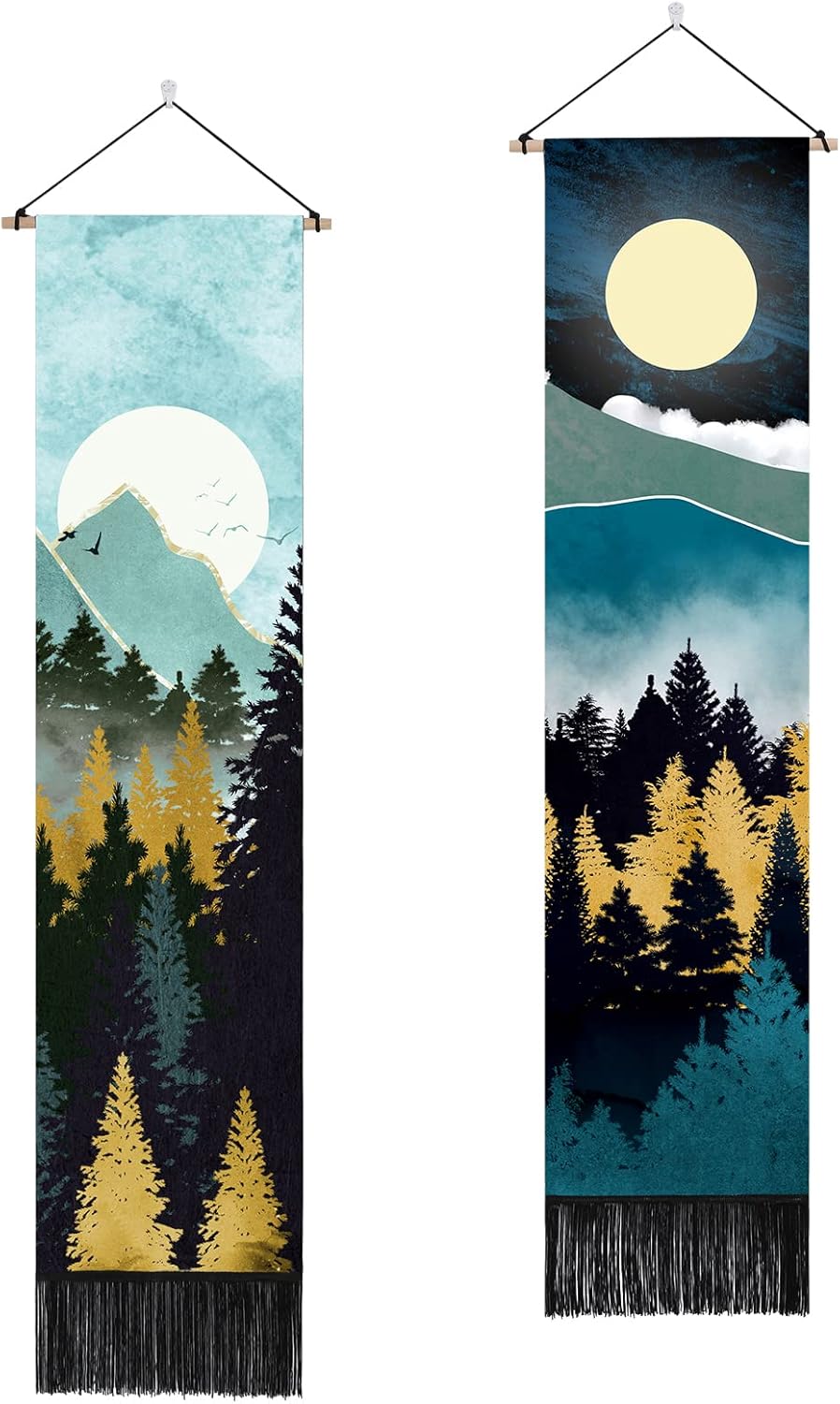 Tapestries - AWAYTR Long Mountain Tapestry Wall Hanging - 2PCS Forest Tree Sunset Starry Night Sky Nature Landscape Tapestries for Bedroom (Green Mountain Forest)