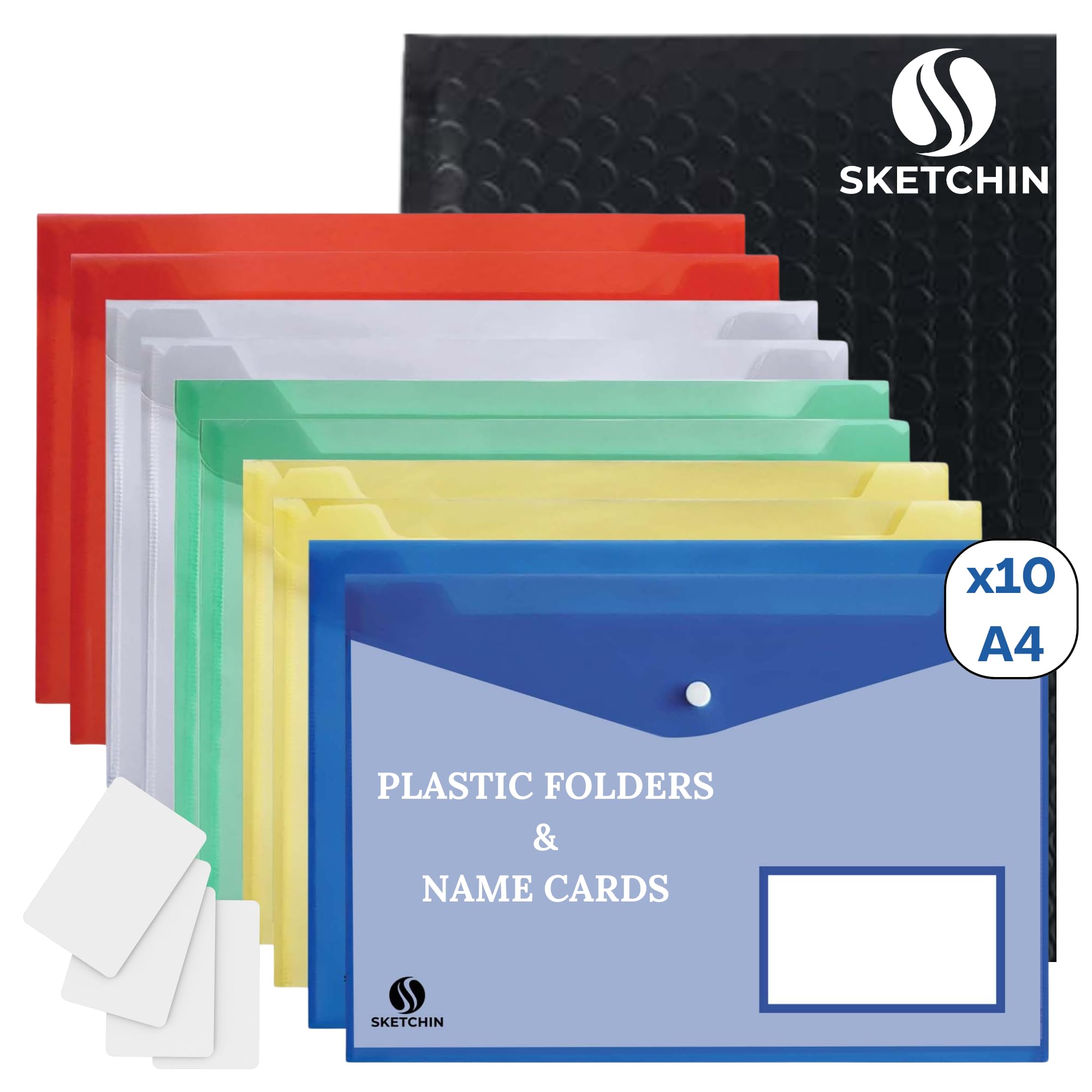 Sketchin 10 Pack A4 Plastic Folders, A4 Wallets with Strong Popper Closure, Waterproof, Transparent Coloured Folders with Pocket, 10 Naming Cards Doubled Sided Included Premium Quality Upgrade