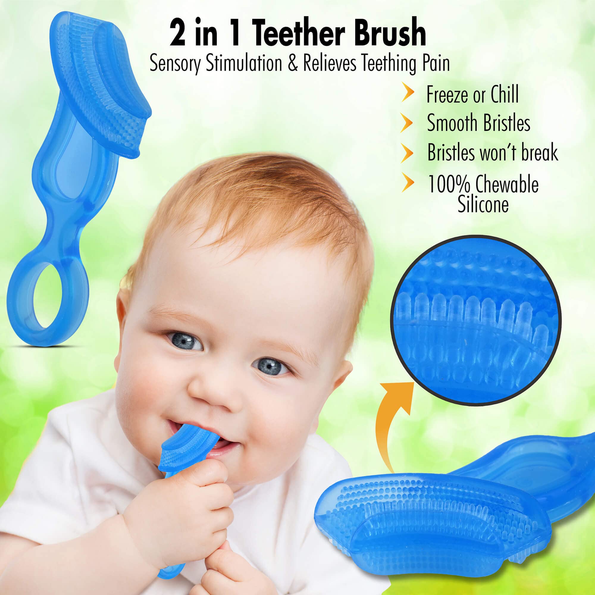 Brilliant Oral Care Baby’s First Toothbrush, Smooth Silicone Bristles Gently Clean Tender Teeth and Gums, for Ages 4+ Months, Blue + Clear, 2 Pack