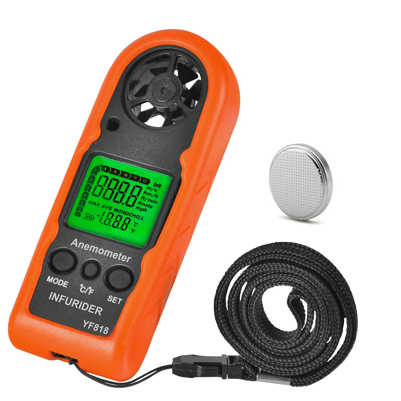 Digital Anemometer, YF-818 Handheld Wind Speed Meter, Accurate Measures Wind Gauge, Velocity & Temperature with Wind Chill Backlight MAX/AVG, Airflow Meter for Outdoor Activities